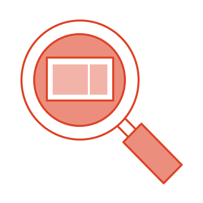 Red illustration of a magnifying glass with a computer screen in focus