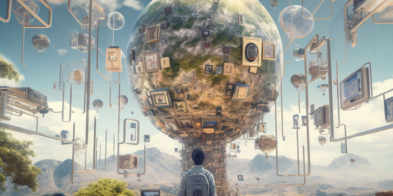 A dreamy AI generated image of a person with a backpack, their back turned, standing among trees but facing a colossal forest-covered globe in the sky, mounted on scaffolding with other glassy spheres and portrait-shaped objects hovering nearby