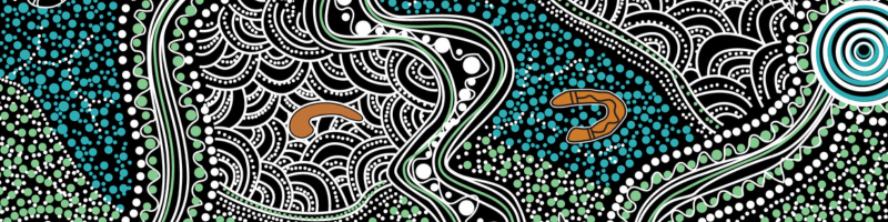 white, black and teal dot painting of hunting equipment using traditional indigenous art techniques